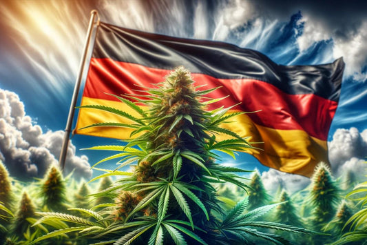Kannabiskasvi Saksan lipun edessä.