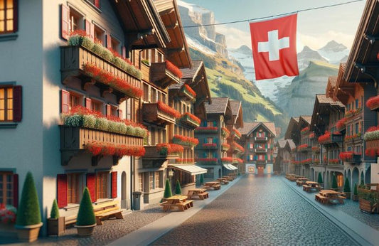 Sveitsin lipun heiluttaminen Sveitsin pikkukaupungissa