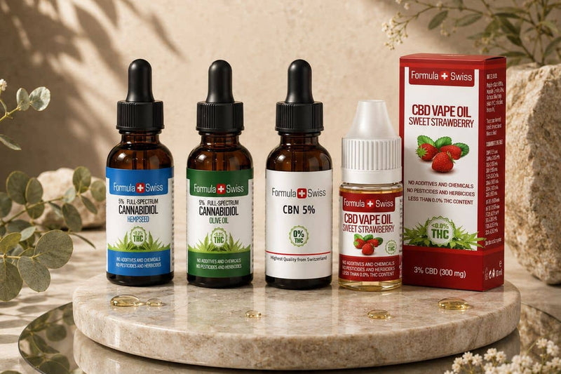 Formula Swiss -CBD-öljyt 5 % hampunsiemen- ja oliiviöljyssä, CBN-öljy 5 % ja mansikanmakuinen CBD-vape-öljy marmorijalustalla