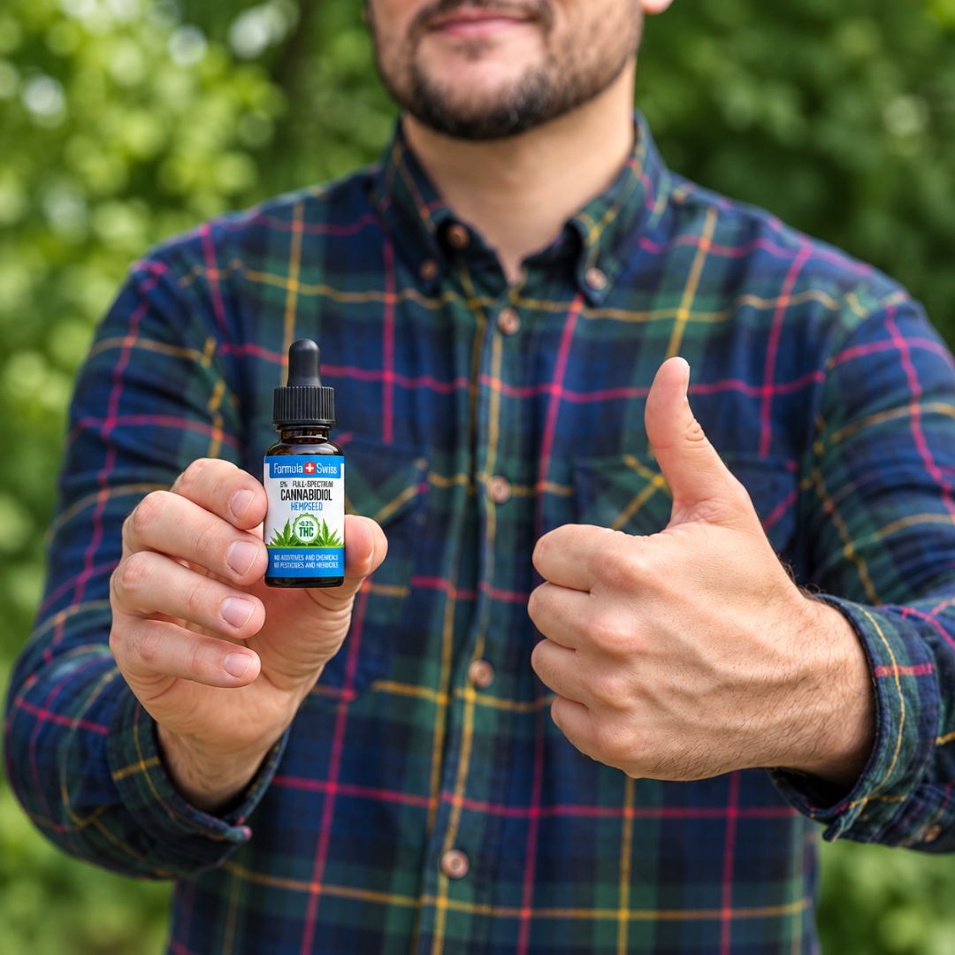 Henkilö pitelee Formula Swiss CBD-öljypulloa (hampunsiemenöljy) ja näyttää peukkua