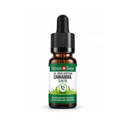 Pieni ruskea pipettipullo Formula Swiss CBD-öljyä oliiviöljyssä, 0 % THC, musta korkki ja valkoinen etiketti