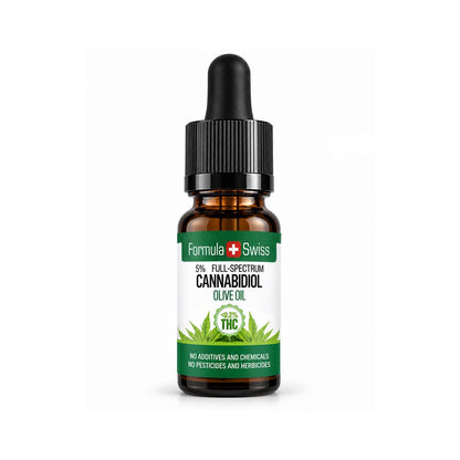 Pieni ruskea pipettipullo Formula Swiss CBD-öljyä oliiviöljyssä, alle 0,2 % THC, musta korkki ja valkoinen etiketti