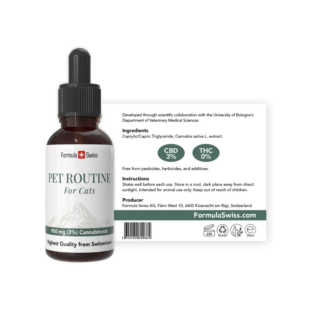 Formula Swiss CBD-öljypullo kissoille pipetteineen valkoisella taustalla