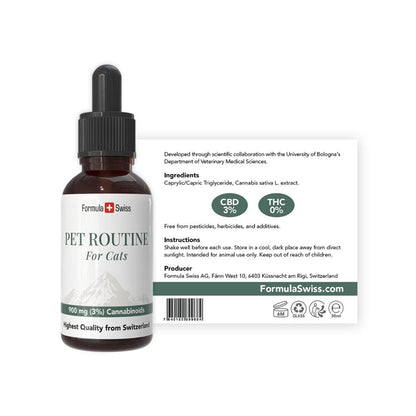 Formula Swiss CBD-öljypullo kissoille pipetteineen valkoisella taustalla