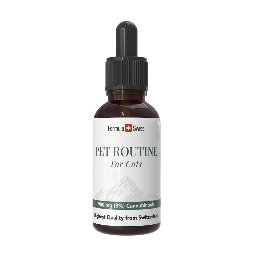 Pet Routine kissoille -pullo, Formula Swiss -brändäys, valkoisella taustalla