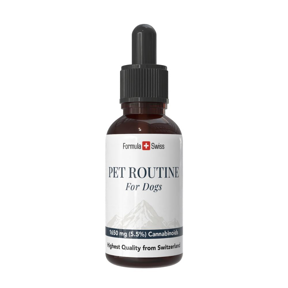 Pet Routine koirille -pullo valkoisella etiketillä valkoisella taustalla