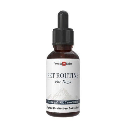 Pet Routine koirille -pullo valkoisella etiketillä valkoisella taustalla