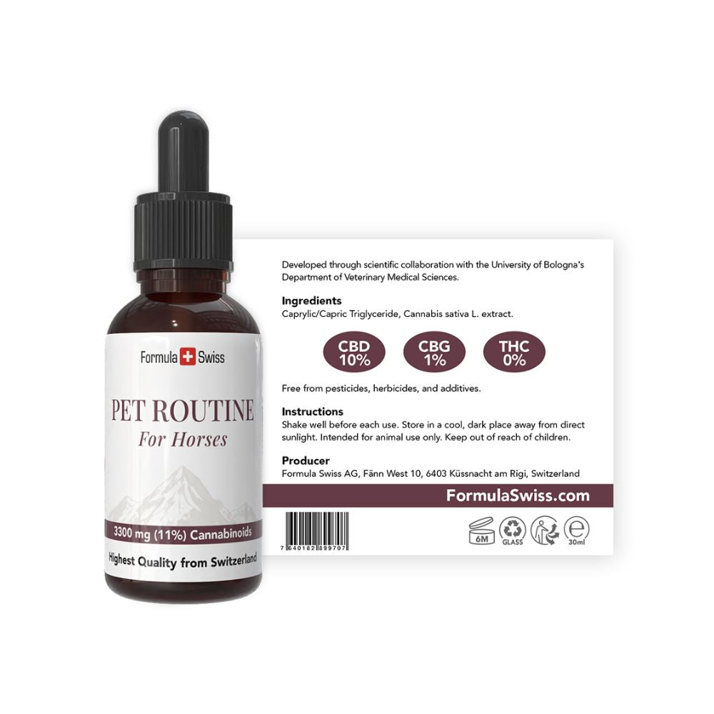 Formula Swiss Pet Routine hevosille – CBD-öljy 10 % CBD: pullo ja etiketti