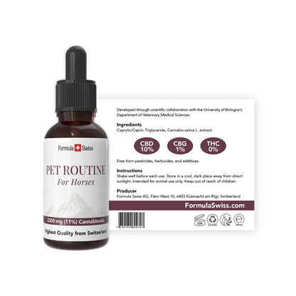 Formula Swiss Pet Routine hevosille – CBD-öljy 10 % CBD: pullo ja etiketti