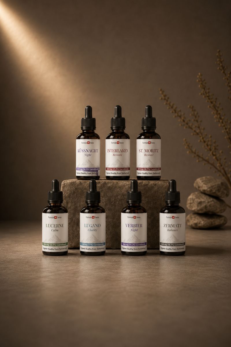 Formula Swiss CBD -öljykokoelma, jossa on seitsemän meripihen dropper-pulloa, joka on järjestetty kiveen premium-studiossa.