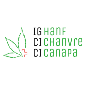 IG Hanf -kannabisteollisuuden yhdistyksen logo, jossa on vihreä hampunlehti, sveitsiläinen risti ja monikielinen nimi.