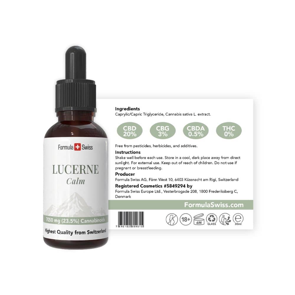 Lucerne Calm -pullo etiketteineen valkoisella taustalla