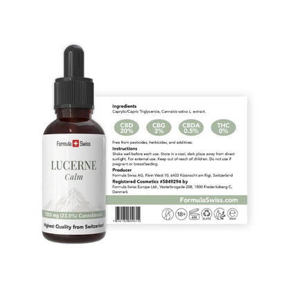 Lucerne Calm -pullo etiketteineen valkoisella taustalla