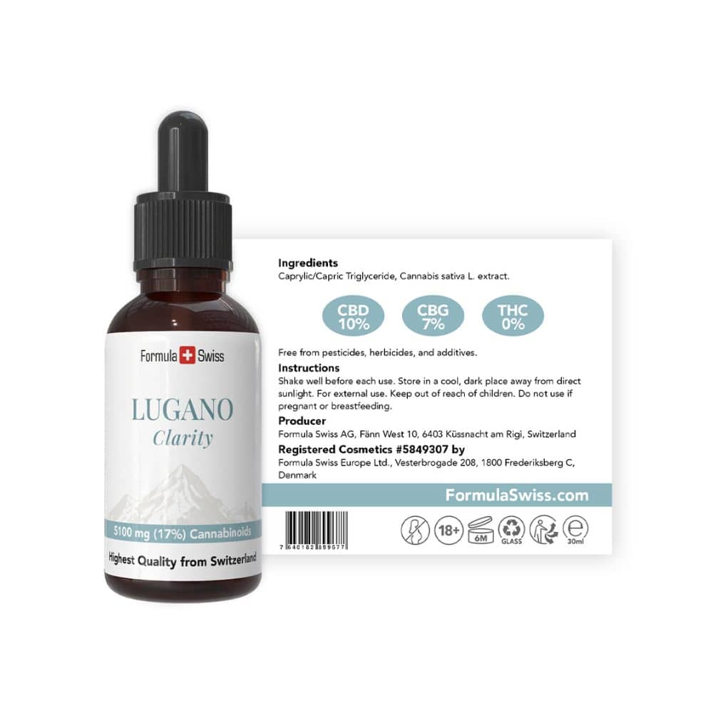 Formula Swiss -yhtiön CBD-tippapullo, jonka etiketissä lukee ”Lugano Clarity”, valkoisella taustalla.