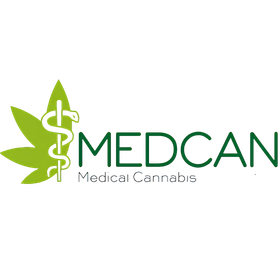 MEDCAN-lääkekannabiksen logo, jossa on vihreä kannabiksen lehti ja apteekkisymboli läpinäkyvällä taustalla.
