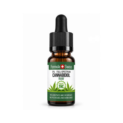 10 ml:n ruskea pipettipullo Formula Swiss 5 % täyden spektrin RAW CBD-öljyä, valkoinen etiketti vihreillä yksityiskohdilla