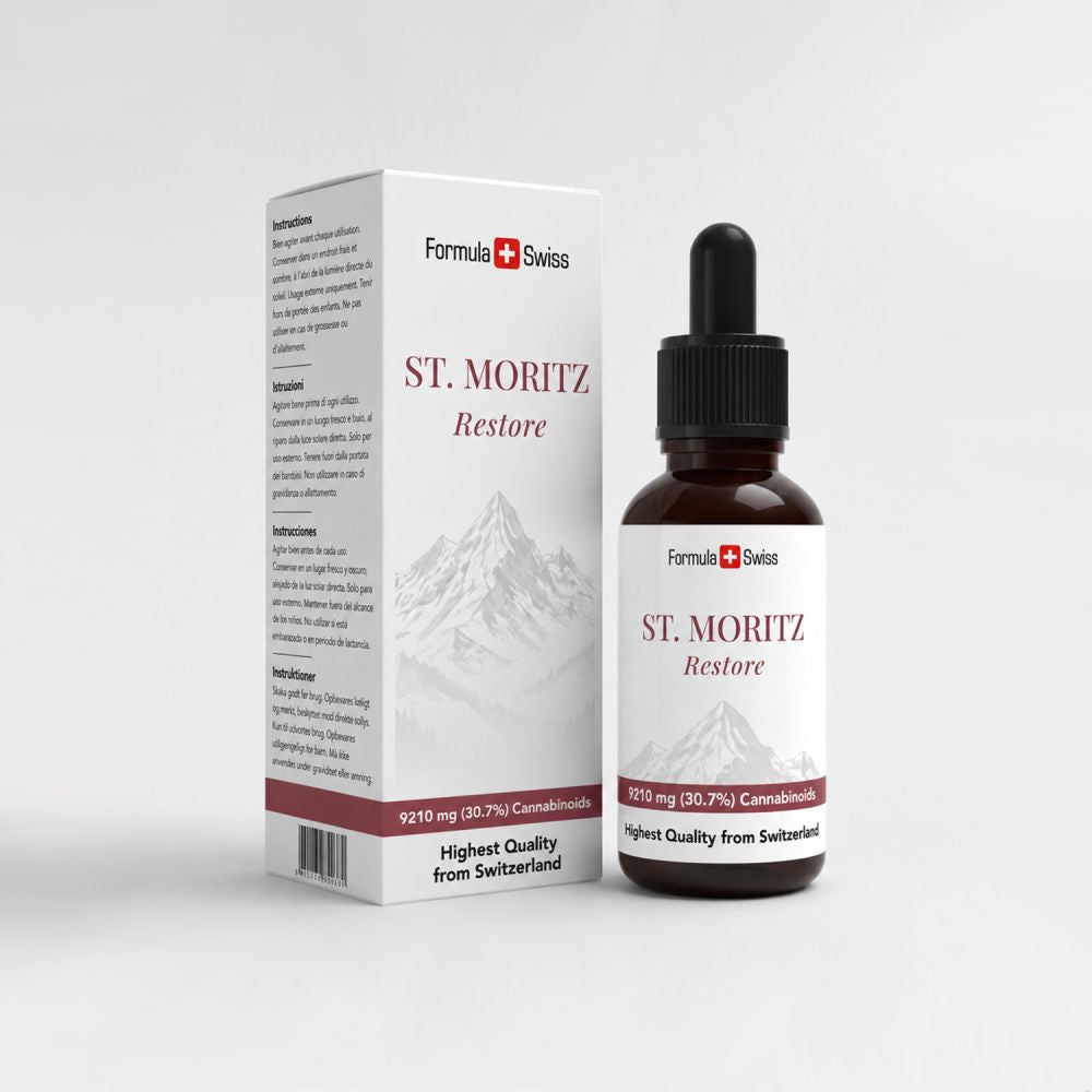 St. Moritz Restore -pullo ja -pakkaus valkoisella taustalla