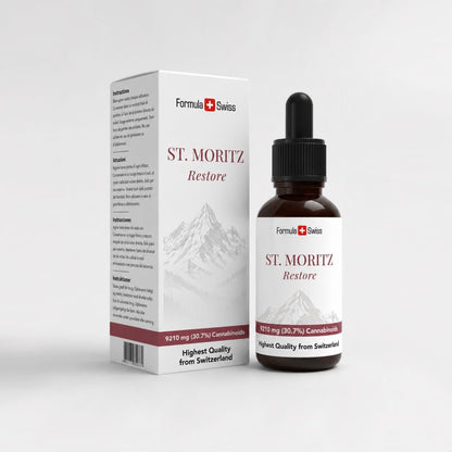St. Moritz Restore -pullo ja -pakkaus valkoisella taustalla