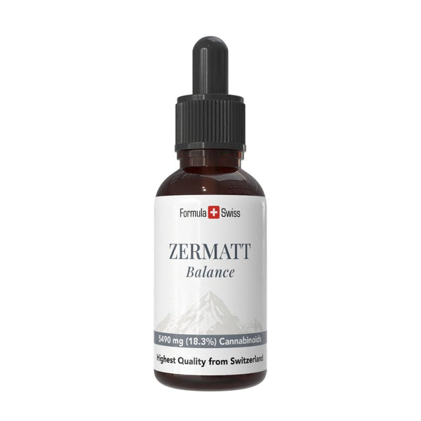 Formula Swiss -merkkinen Zermatt-CBD-öljypullo valkoisella taustalla