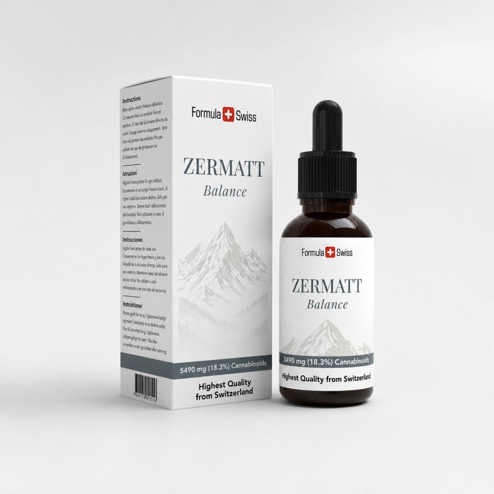 Zermatt Balance -pakkaus, jossa pullo ja rasia, vaaleanharmaalla taustalla