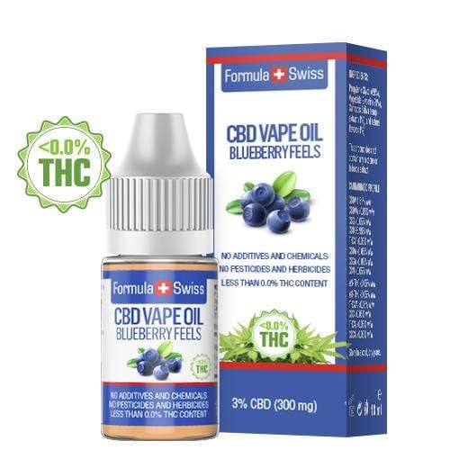 Formula Swiss CBD-vapeöljy Blueberry Feels, 3 % CBD (300 mg), 10 ml:n pullo ja pakkaus