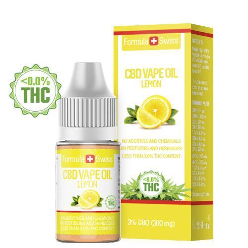 Formula Swiss CBD-vapeöljy – sitruuna, 3 % CBD (300 mg), 10 ml:n pullo ja pakkaus