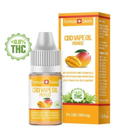 Formula Swiss CBD-vapeöljy – mango, 3 % CBD (300 mg), 10 ml:n pullo ja pakkaus