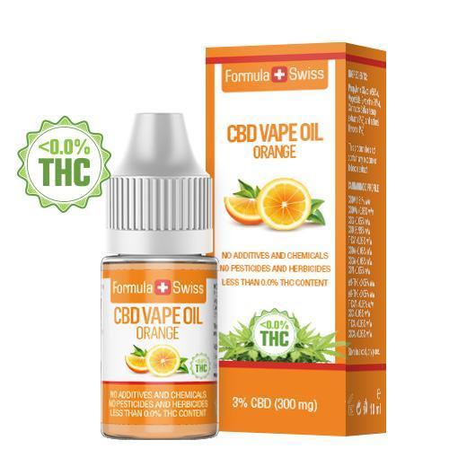 Formula Swiss CBD-vapeöljy – appelsiini, 3 % CBD (300 mg), 10 ml:n pullo ja pakkaus