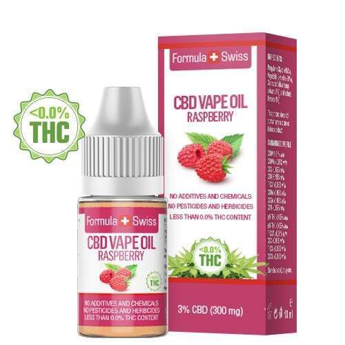 Formula Swiss CBD-vapeöljy – vadelma, 3 % CBD (300 mg), 10 ml:n pullo ja pakkaus